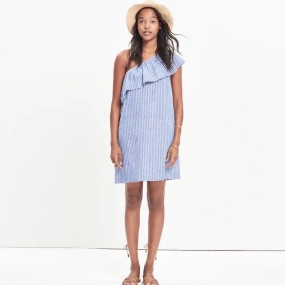Madewell blue White one shoulder striped mini dress linen cotton blend sz L - Picture 5 of 14